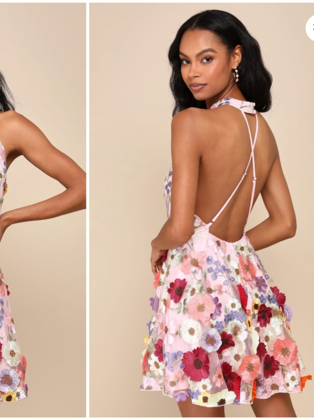 Blooming Bliss Pink 3D Floral Embroidered Halter Mini Dress NWT - Picture 2 of 4